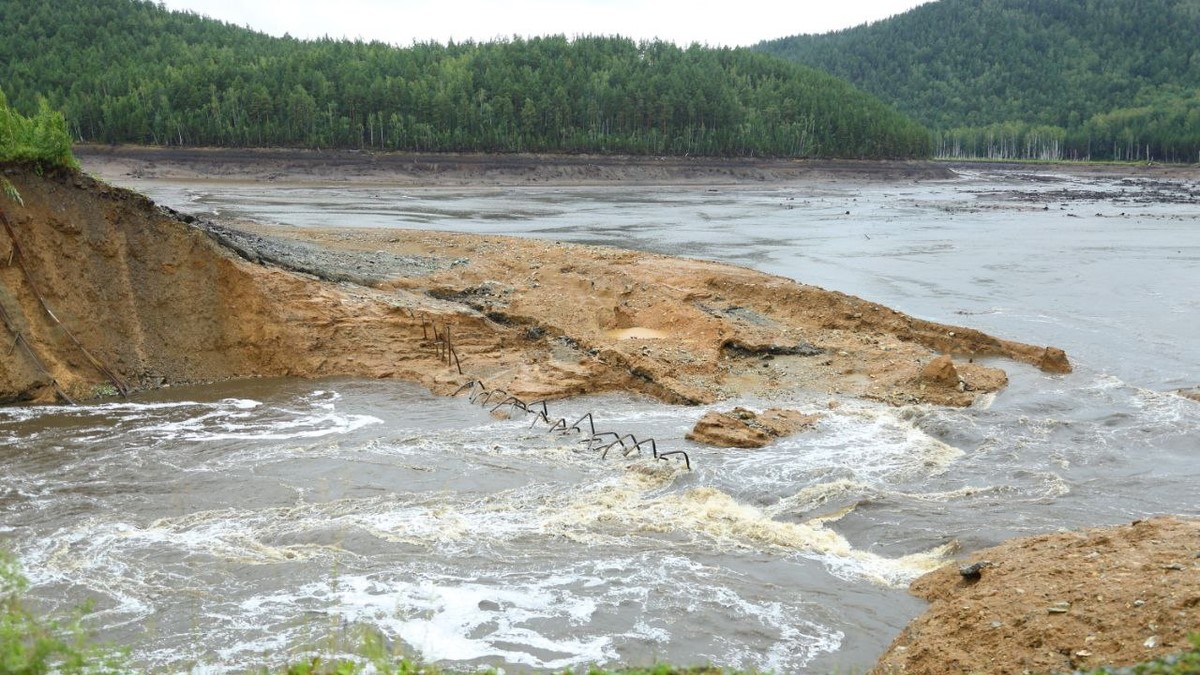 The destroyed Kialim Reservoir dam in the Chelyabinsk Region